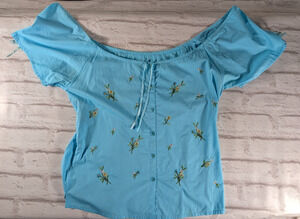 DCC Woman Cottagecore Blouse 14/16 Blue Embroidered Off The Shoulder Peasant